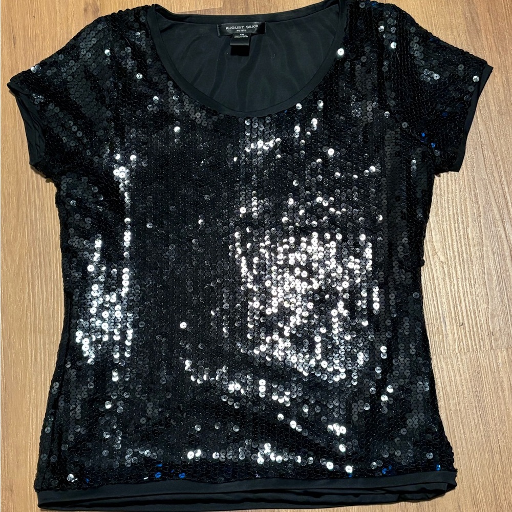 August Silk Black Sequin Women's Top Short Sleeve Petite Medium